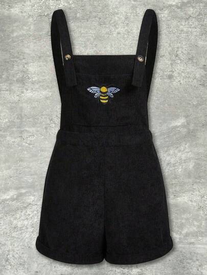 Y2Kool Emma Jane Creative Lässiger Damen-Overall mit Bienenstickerei, Cord-Latzhose, Latzhose mit Bienenmotiv, Damen-Latzhose, schwarze Latzhose, Streetwear, Ausgeh-Mode, stylische Kleidung, Neujahrsoutfits