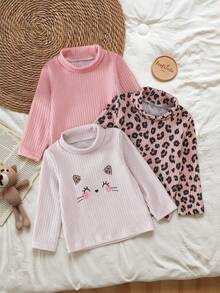 SHEIN 3 件女童秋冬高领长袖上衣 - 纯粉色 + 豹纹 + 猫咪图案汗衫套装 - 彩色 - 查看 1