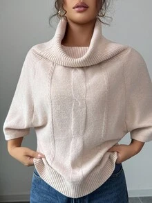 Elenzga 女士粗针织高领斗篷毛衣 - 杏色 - 查看 3