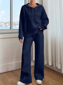 EURMUSE Women Solid Color Drop Shoulder Hooded Pullover & Sweater Pants Set - Navy Blue - View 6