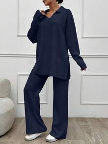 SHEIN Tall 2 قطعة/مجموعة ملابس كنزة بياقة مطوية وبنطال طويل بلون موحد، للنساء الطويلات - أزرق بحري - مشاهدة 6