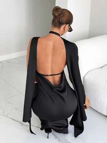 Siren Gaze Siren Gaze Black Dress  Elegant Dresses For Women Women Dresses Autumn Winter   Women's Christmas Party Black Metal Button Satin Ribbon Open Back Tie Long Dress Women's Fashionable Sexy Backless Halter Long Dress