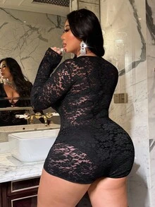 NU&NOW Bộ đồ liền thân màu đen gợi cảm hở lưng cổ chữ V sâu ren cỡ lớn dành cho nữ - màu đen - Xem 2