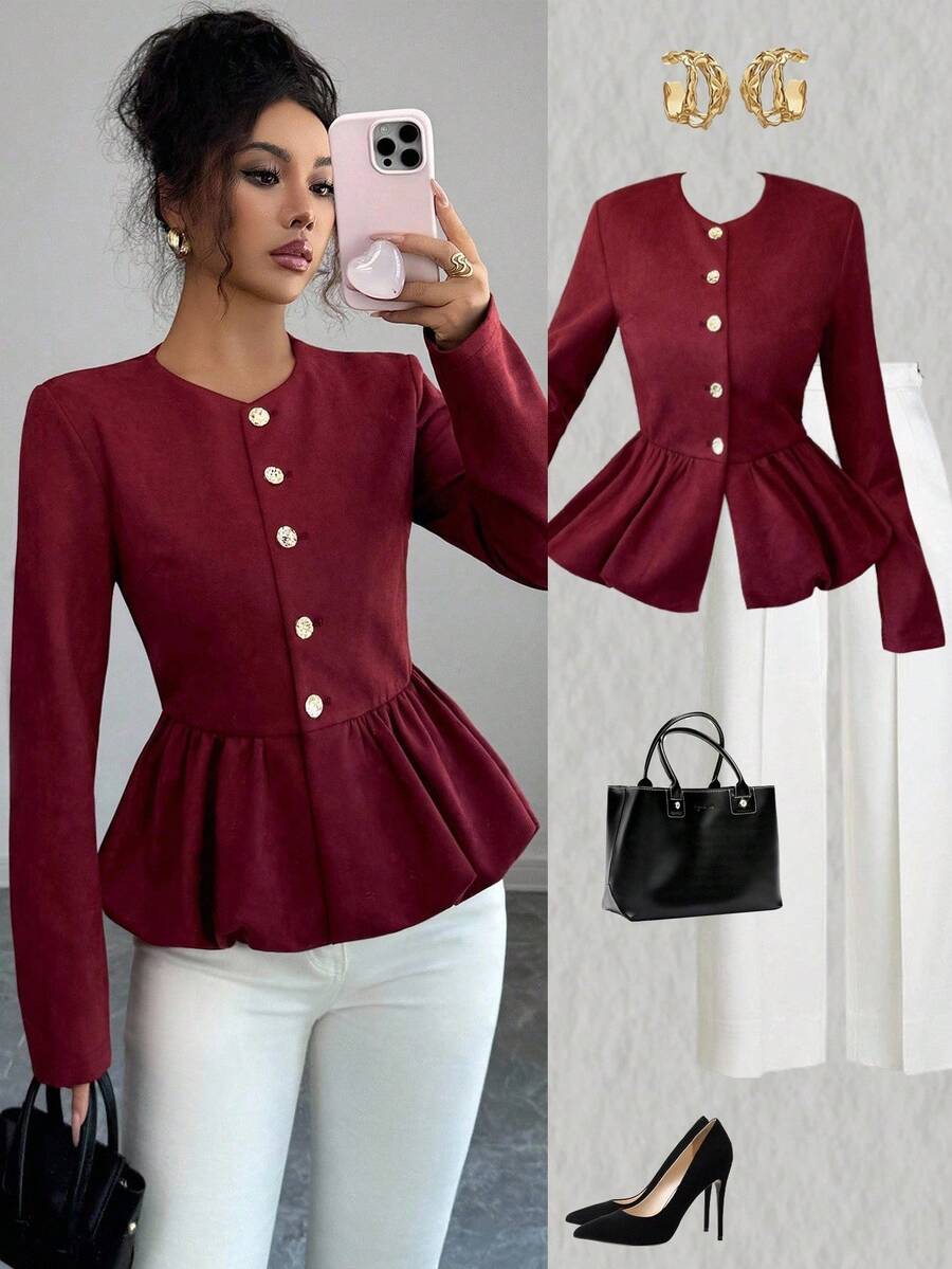 Selianne Women's Elegant Commuter Solid Color Ruffle Hem Jacket - Red - View 1