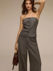 ATUI Studio 秋冬季简约单排扣西装套装，内搭吊带背心和直筒裤 - 淺灰色 - 查看 2