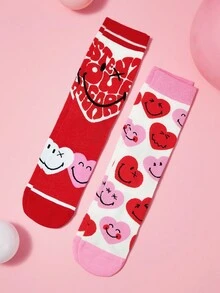 SmileyWorld® | SHEIN 2 đôi tất nữ mềm mại, thoáng khí, thấm hút mồ hôi, kiểu dáng thường ngày, màu trắng và đỏ dễ thương, mũi và gót được gia cố để tăng độ bền, phù hợp mọi mùa hè và đông. - Đỏ - Xem 4