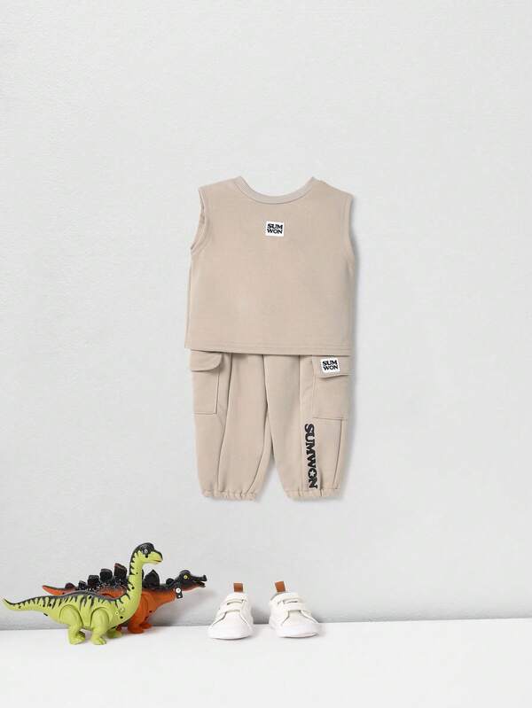 SUMWON Baby Boys Summer Tank Top Jogger Set Toddler Sleeveless Cargo Pants Outfit Casual Playwear Set Elastic Waist Pants Kids Sport Leisure Two Piece Set