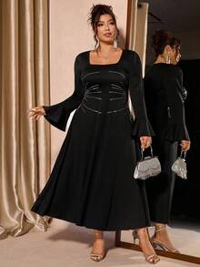 Cravure Plus Size Women's Rhinestone Embellished Flare Sleeve Dress, French Elegant Party & Everyday Wear - Black - View 4