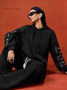 LYSMO 2025新款简约秋冬铆钉装饰宽松连帽衫黑色连帽衫女款女士连帽衫黑色运动衫连帽衫带孔眼连帽衫 - 黑色 - 查看 6