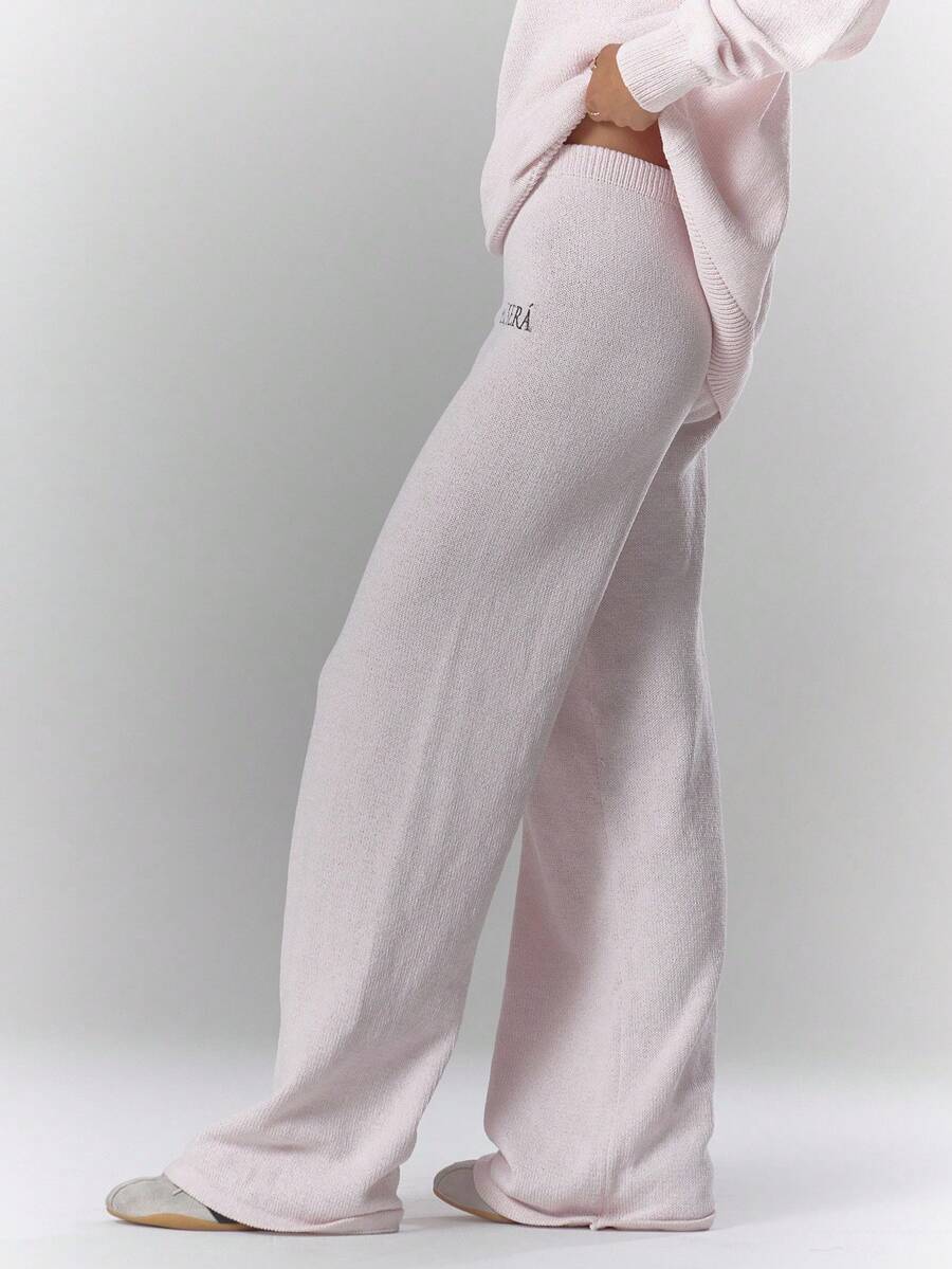 MUSERA 中腰柔軟針織刺繡寬腿毛衣長褲 單件 舒適可愛休閒 咖啡俱樂部 冬季優雅晚宴派對 春季情人節 - 淺粉色 - 查看 1