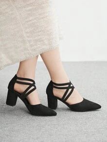 CUCCOO BIZCHIC Women's Fashion Black Elastic Strap Pointed Toe Chunky High Heel Pumps, Suitable For Commute, Date, Party, Wedding, Holiday For Christmas Spring Shoes - Black - View 3