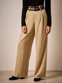 COSMINA Wide Leg Pants Women Solid Color Minimalist Casual Suit Pants,Khaki Color-Block Double Belt Pants Autumn Winter Clothes For Women