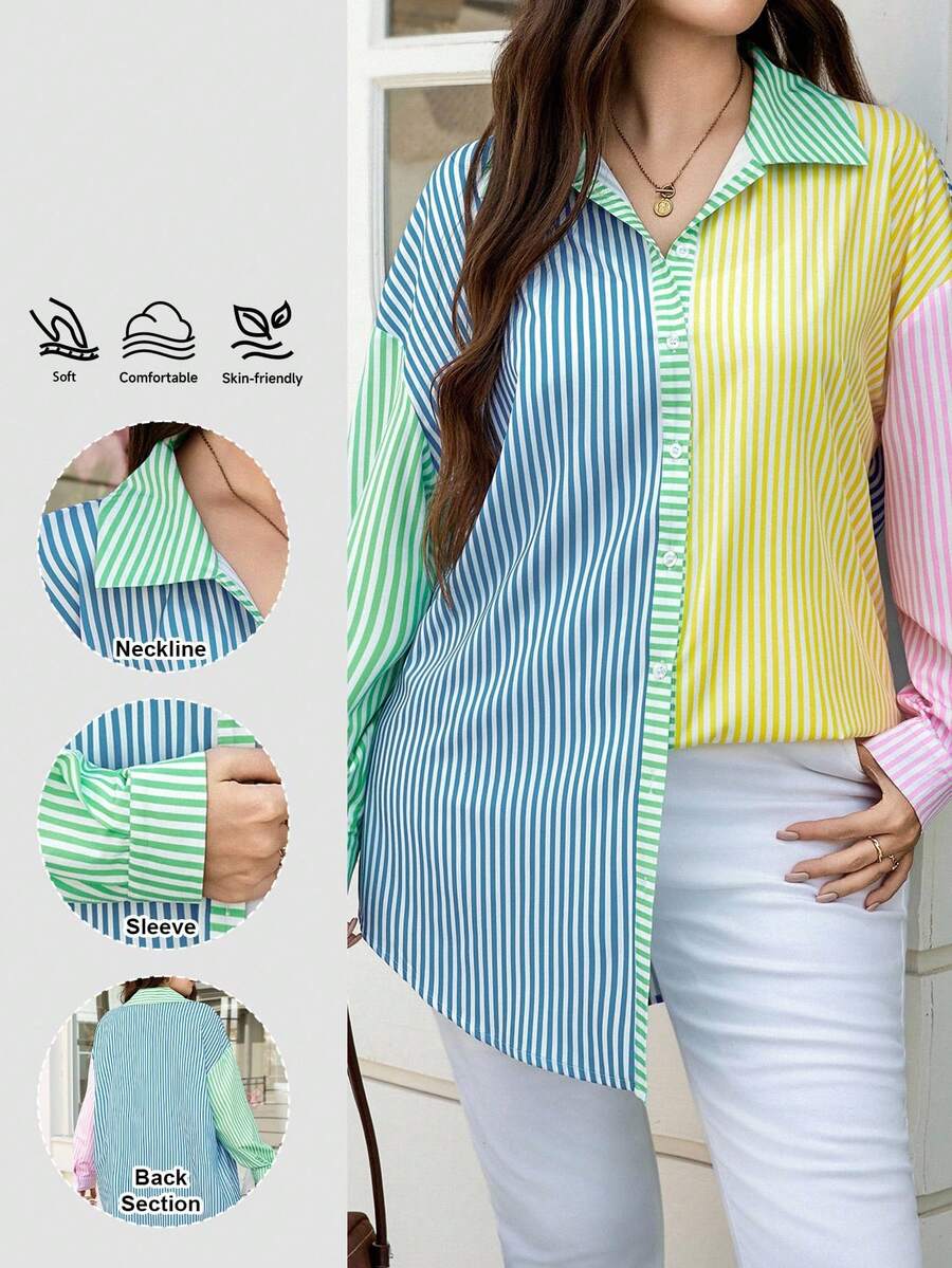SHEIN LUNE 秋季休闲日常穿搭，大码女式几何印花长袖衬衫，休闲宽松舒适长款，适合居家和度假穿着，秋季，感恩节女式感恩节衬衫，节日长袖上衣，冬季女式秋季女式外出上衣，女士休闲衬衫，商务休闲女式工作服，教师服，社交衬衫 - 彩色 - 查看 1