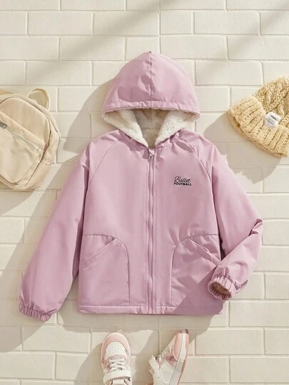 SHEIN Explorewe 少女休闲时尚外套，粉色创意拼接设计，带帽保暖内衬，超大口袋，宽松版型，适合秋、春、冬三季穿着，可用于日常穿着、通勤、户外活动、运动、上学、街头穿搭、派对和秋季拍照等场合。