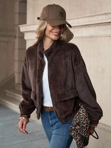 Solivie Women's Casual Loose Faux Fur Collar Long Sleeve Coat, Solid Color, In Autumn/Winter,Fall