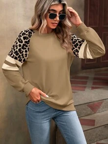 EMERY ROSE Leopard Print Patchwork Raglan Sleeve Sweatshirt - Khaki - View 4