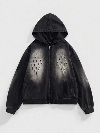 Grunge Punk Men's Casual Ripped Hooded Denim Jacket With Zipper Front, Autumn