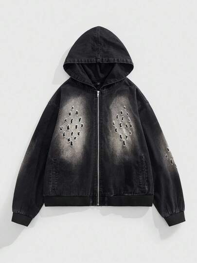 Grunge Punk Herren Lässige zerrissene Kapuzen Denim Jacke mit Reißverschluss Vorderseite, Herbst