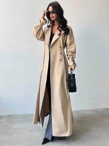 Firerie 女式优雅精致休闲都市通勤时尚百搭卡其色长袖收腰褶皱 A 字形口袋前开扣长款风衣，秋冬 - 卡其色 - 查看 5
