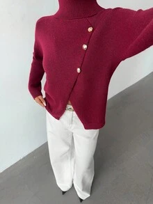 SHEIN Elenzya Women's Elegant High Neck Knit Pullover With Metal Button Decor, Solid Color Long Sleeve Christmas Red Sweater, Autumn/Winter - Burgundy - View 3