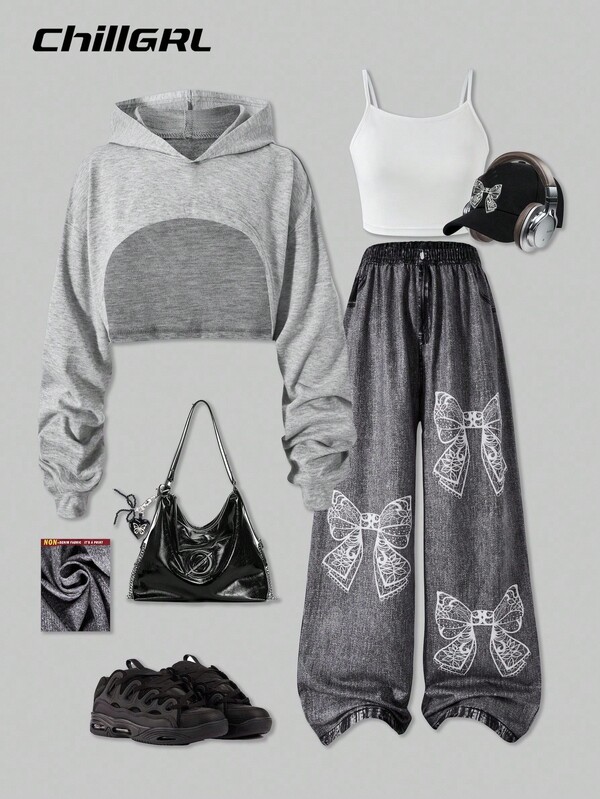 SHEIN Set de 3 piezas para niñas preadolescentes: Sudadera corta con capucha, camiseta de tirantes con estampado de mariposa y pantalones de punto de pierna ancha, adecuado para volver al colegio, estilo casual de campus, primavera/verano/otoño