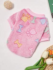 PETSIN 1 Stück süßer rosa Knochen- und Pfötchen-Muster Fleece Rundhals-Pullover für Katzen & Hunde, warm für Herbst/Winter - Pink - Übersicht 2