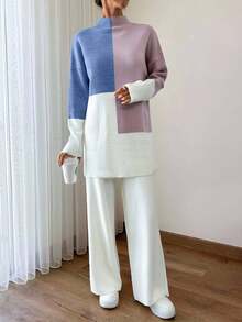 EURMUSE 女士拼色毛衣和纯色阔腿毛衣裤套装 - 彩色 - 查看 5