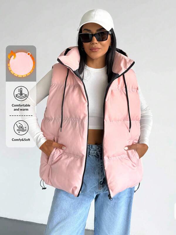 EURMUSE Women Solid Color Pocket And Hooded Detailed Winter Coats Streetwear