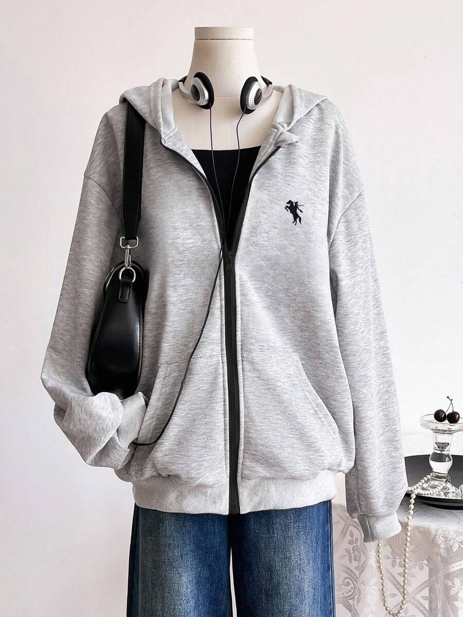 SHEIN 少女休闲简约纯色口袋拉链卫衣外套,适合所有季节秋冬季穿着。 - 灰色 - 查看 1
