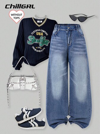 少女宽松水洗做旧牛仔裤，百搭阔腿休闲款式，适合户外旅行度假，秋季新款