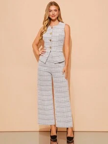 Amorya Women's Minimalist Button Decor Sleeveless Top And Pants 2 Pieces Set Autumn Clothes New Year Look - Multicolor - View 5