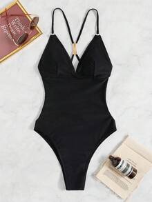 SHEIN Swim Summer Beach Cross Backless One Piece Swimsuit - Black - View 3