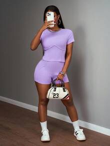 Slaydiva Conjunto Casual Feminino de 2 Peças com Camiseta de Manga Raglan e Gola Redonda Roxa e Shorts - Roxo - Visão 8