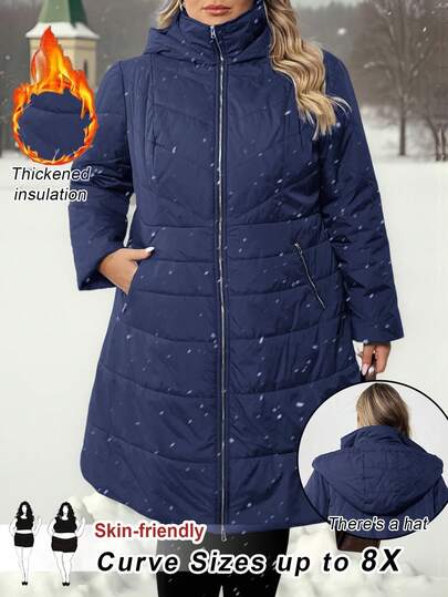 SHEIN CURVE+ Plus Size Women's High Neck Padded Coat With Belt, Pocket, Hood, Casual, Comfortable, Warm, Slim Fit/ Winter