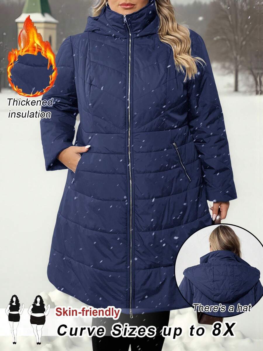 SHEIN CURVE+ Plus Size Women's High Neck Padded Coat With Belt, Pocket, Hood, Casual, Comfortable, Warm, Slim Fit/ Winter - Navy Blue - View 1