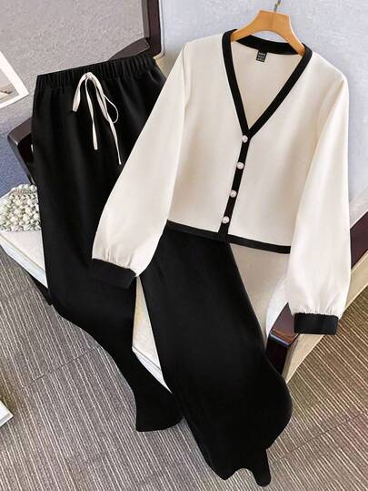 Franclia Chemise décontractée à manches lanternes avec boutons contrastés et col en V pour femmes en automne + Ensemble pantalon à taille élastique à manches longues, silhouette affinante, tissu confortable, polyvalent pour le travail et les sorties