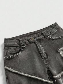ROMWE Grunge Punk Y2K Punk Rivet Decor Distressed Vintage Wash Skinny Flare Jeans - Grey - View 4