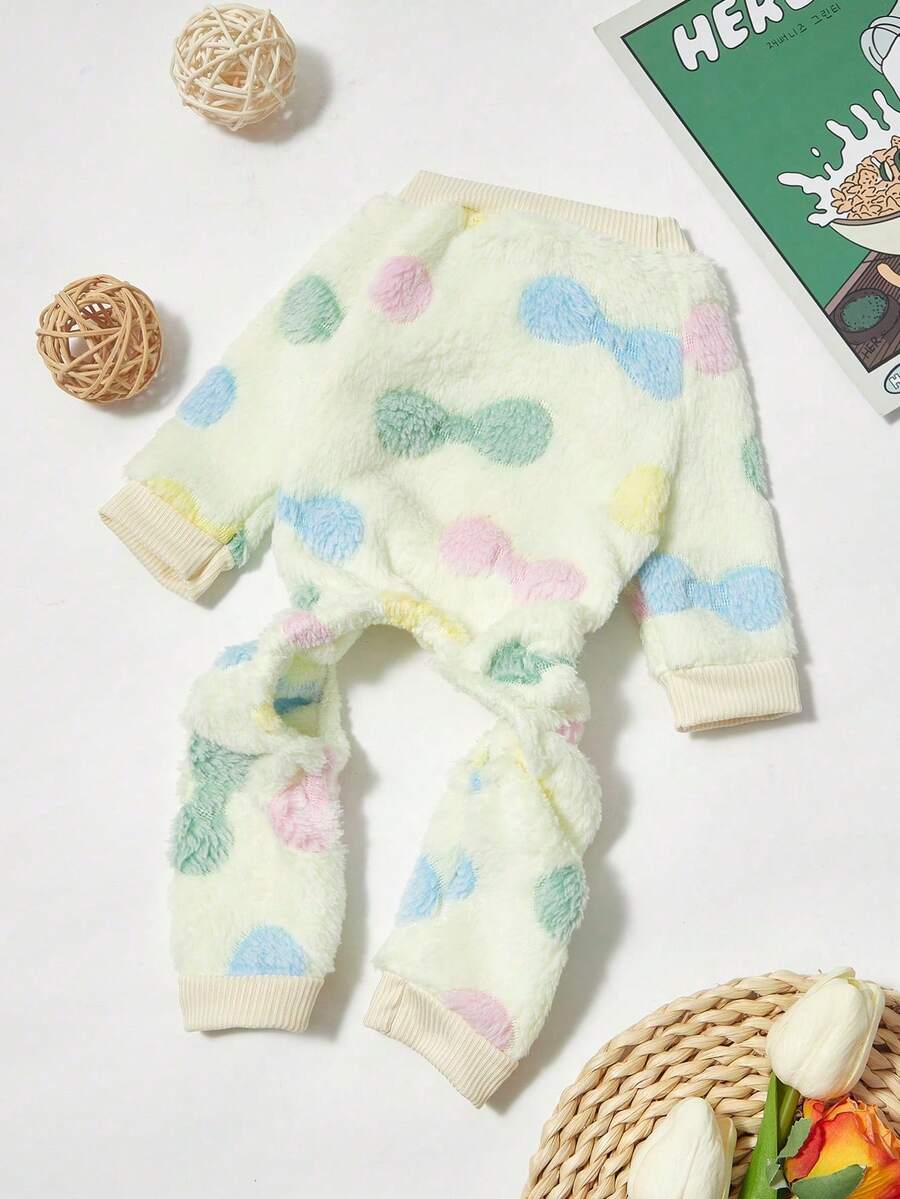 PETSIN 1 pieza Mono de perro/gato de felpa de albaricoque cálido con lazo y estampado gráfico, de tela de franela - Multicolor - Ver 1