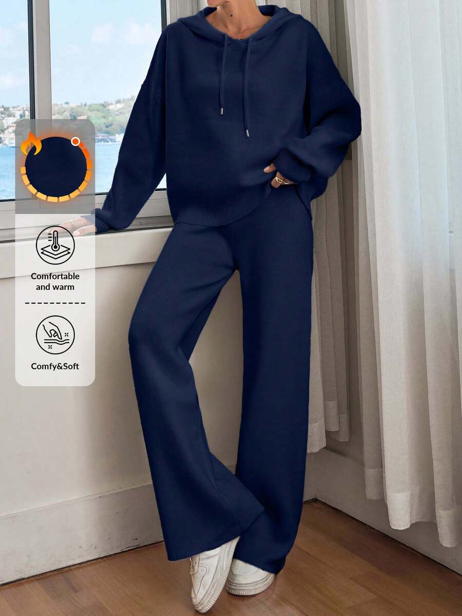 EURMUSE Women Solid Color Drop Shoulder Hooded Pullover & Sweater Pants Set - Navy Blue - View 1