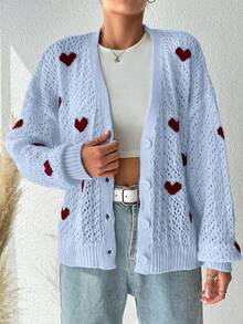 EURMUSE Áo len cardigan dệt kim tay dài khoét ngực hở vai họa tiết trái tim cỡ lớn cho nữ - Màu xanh nhạt - Xem 5