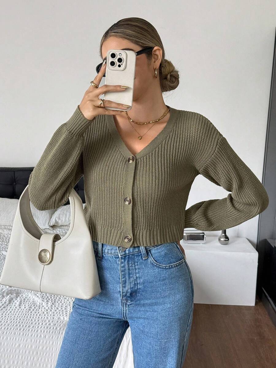 Serisse Solid Drop Shoulder Button Up Crop Cardigan,Long Sleeve Tops,Knitted Sweater In Fall/Winter Green Casual Green - Army Green - View 1