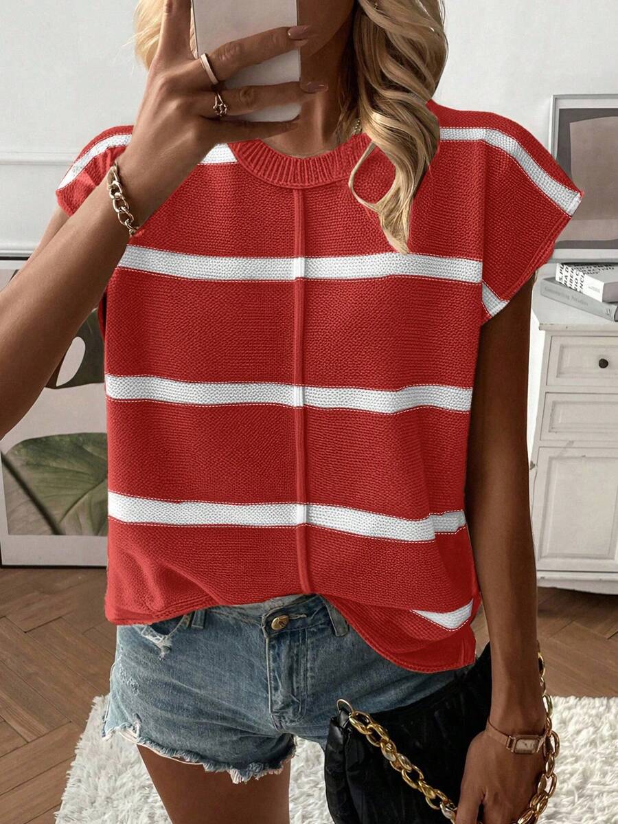 EMERY ROSE 女装秋冬新款休闲宽松圆领蝙蝠针织无袖背心，时尚条纹拼布套头毛衣马甲 - 紅色 - 查看 1