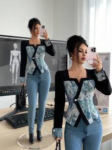 Elenzga Women's Fashion Elegant Patchwork Multi-Color Jacquard Fabric Palace Style Waist Cinched Square Collar Long Sleeve Blouse Fall Cloth For Women - Multicolor - View 1