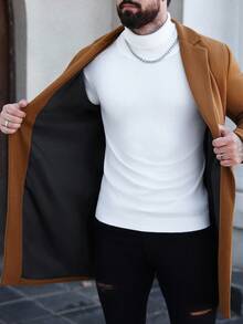 Manfinity CasualCool 男士纯色口袋和纽扣前长袖大衣，秋季外出大衣，适合送给朋友、丈夫、男朋友的礼物 - 卡其色 - 查看 6