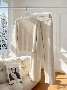 Franclia 2件套女士休闲舒适加厚羊毛套头衫套装，秋冬 - 杏色 - 查看 2