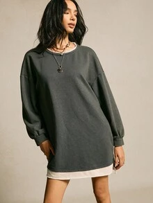 SoleilVie Váy nỉ dệt kim mềm màu trơn tương phản xanh lá cây và trắng cho nữ, phong cách cơ bản, trang phục trở lại trường, mùa đông - màu xanh lá - Xem 3