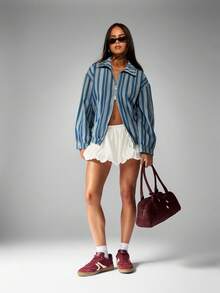 MISSGUIDED 棉质超大牛仔飞行员夹克，配有垂直条纹半拉链复古街头服饰 Y2K 时尚春秋复古外观学院风 - 淺色水洗藍 - 查看 3