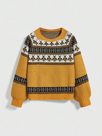 Fairycore Plus Size Vintage Bee Pattern Casual Crew Neck Sweater For Women, Winter