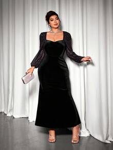 Cravure Plus Size Women's Sweetheart Neck Black Patchwork Metallic Shiny Chiffon Flare Sleeve Dress, Luxury Party & Daily Wear, Autumn/Winter - Black - View 4