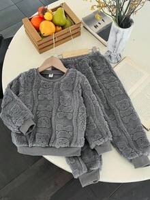 Young Boy 2-Piece Outfit,Soft Fleece Pullover Sweater With Cute Bear Jacquard Pattern & Drawstring Pants,Autumn,Family Matching Casual Loungewear Set - Grey - View 3